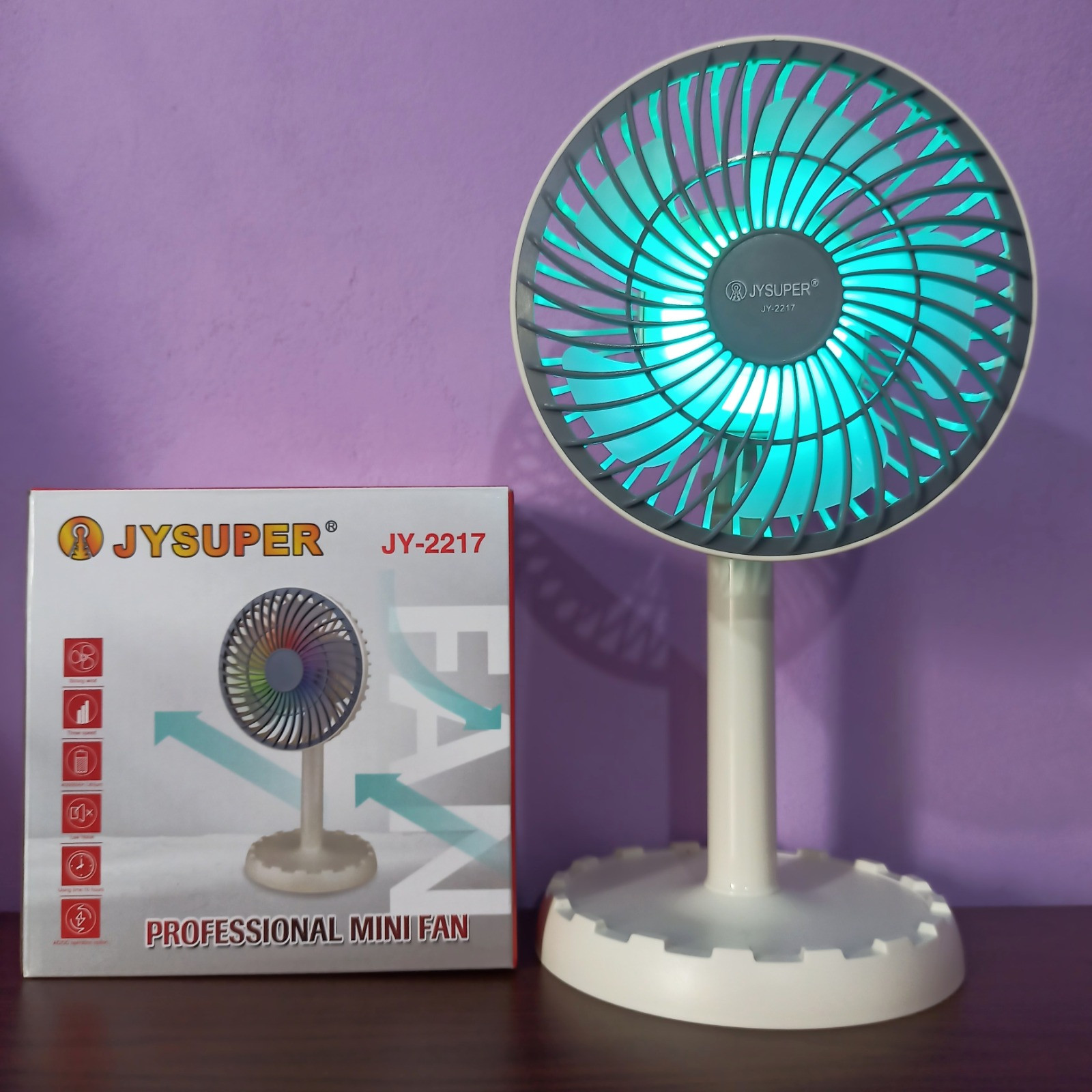 JYSuper JY-2217 Rechargeable AC/DC Stylish RGB Lighting Strong Portable Desk Fan_000643