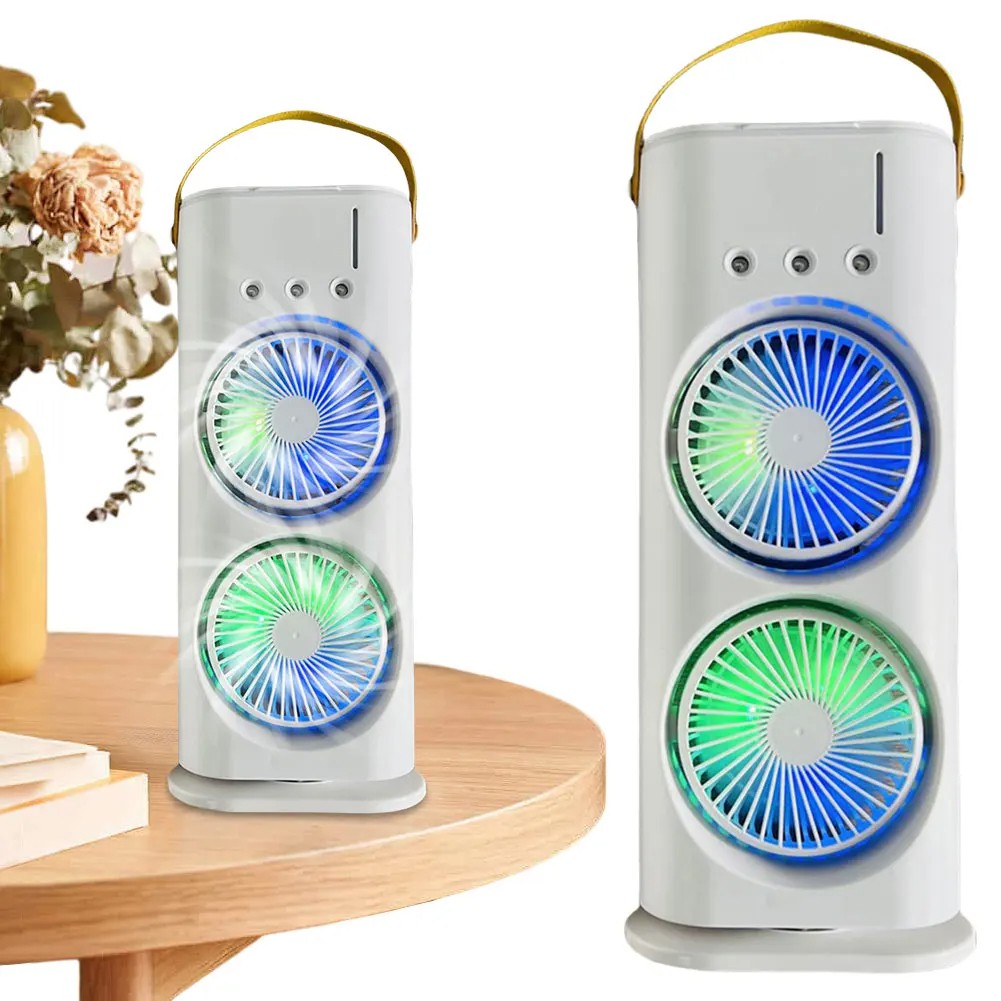 Double-Headed Air Cooler Mist Fan 3 Speeds Rechargeable Desk Air Cooler Night Light with Remote_000283